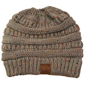 C.C. Ponytail Beanie Hat Knit Winter High Ponytail Messy Bun Gray